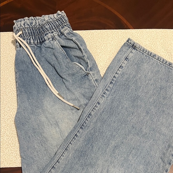 Wide Leg Jeans 90’s Style Denim Drawstring Waist Boho Medium Elastic Waist - Picture 9 of 12